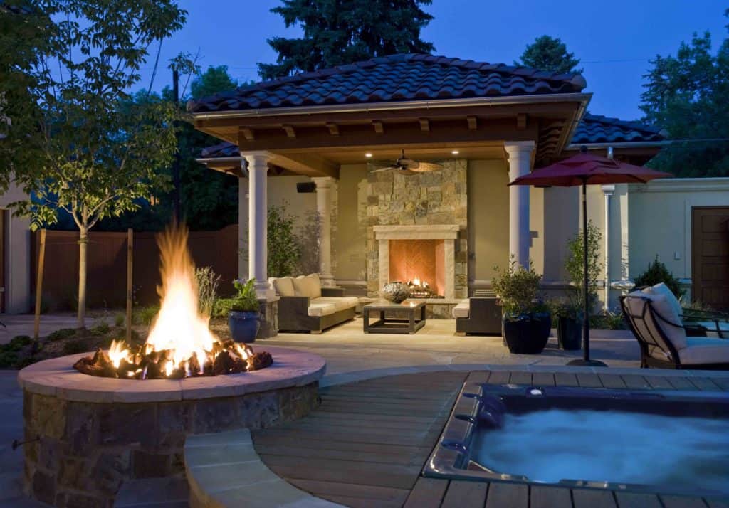 pool and fireplace outdoor living