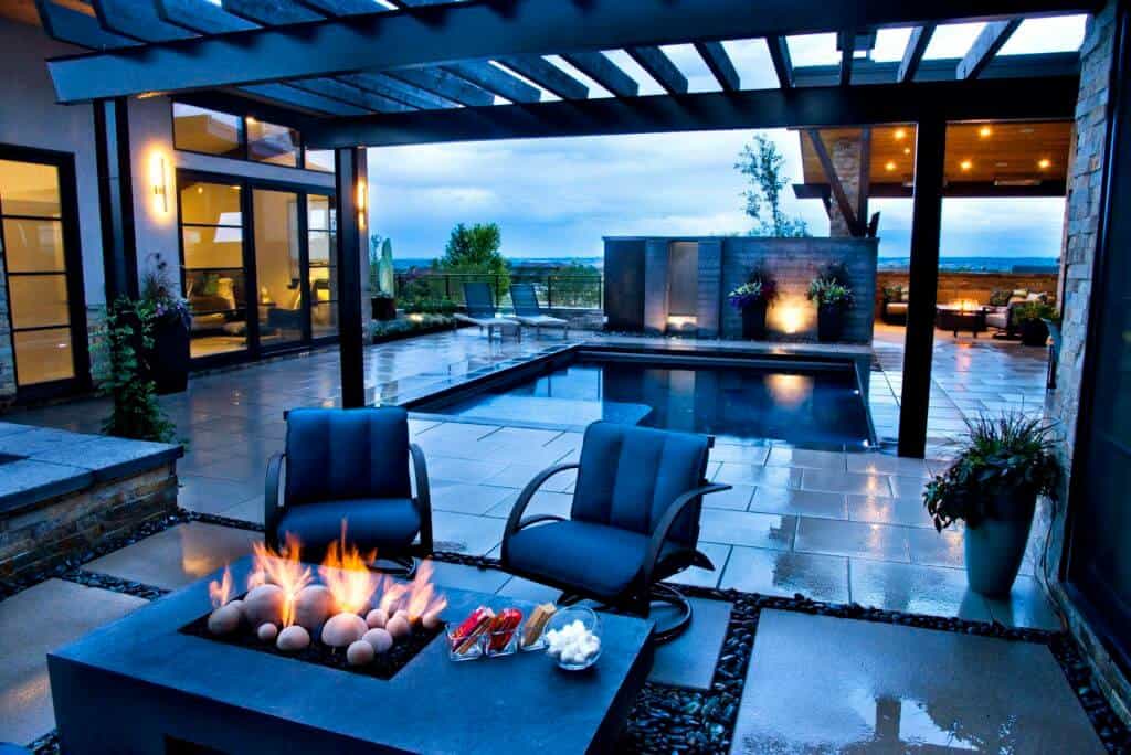 covered patio with fire pit and pool