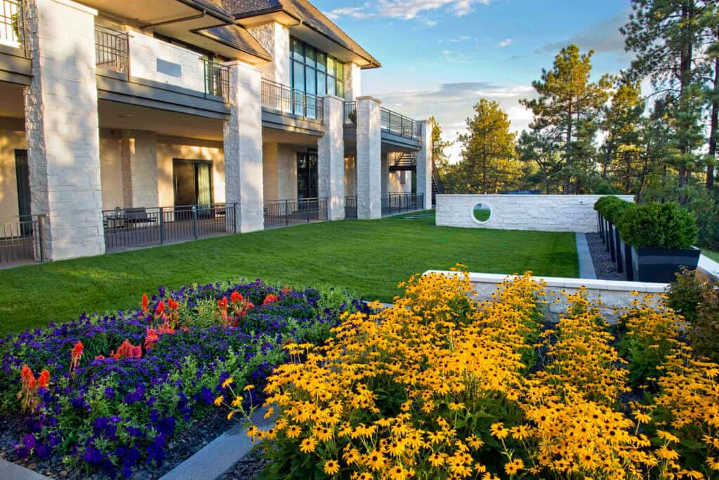 expansive modern lawn and garden featuring large blocks of yellow coneflowers