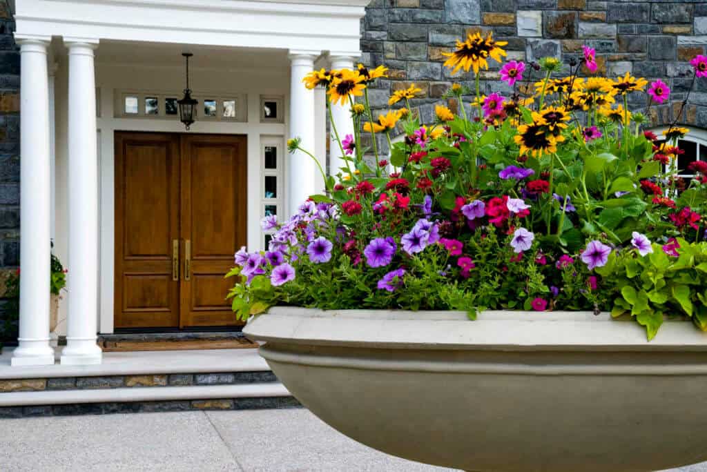 large, shallow-rimmed beige planter overflowing with a mix of colorful annuals and perennials