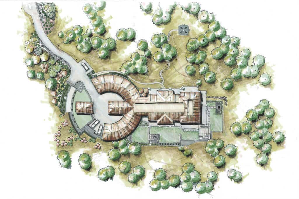 aerial landscape architecture plan for a circular-shaped estate home surrounded by trees