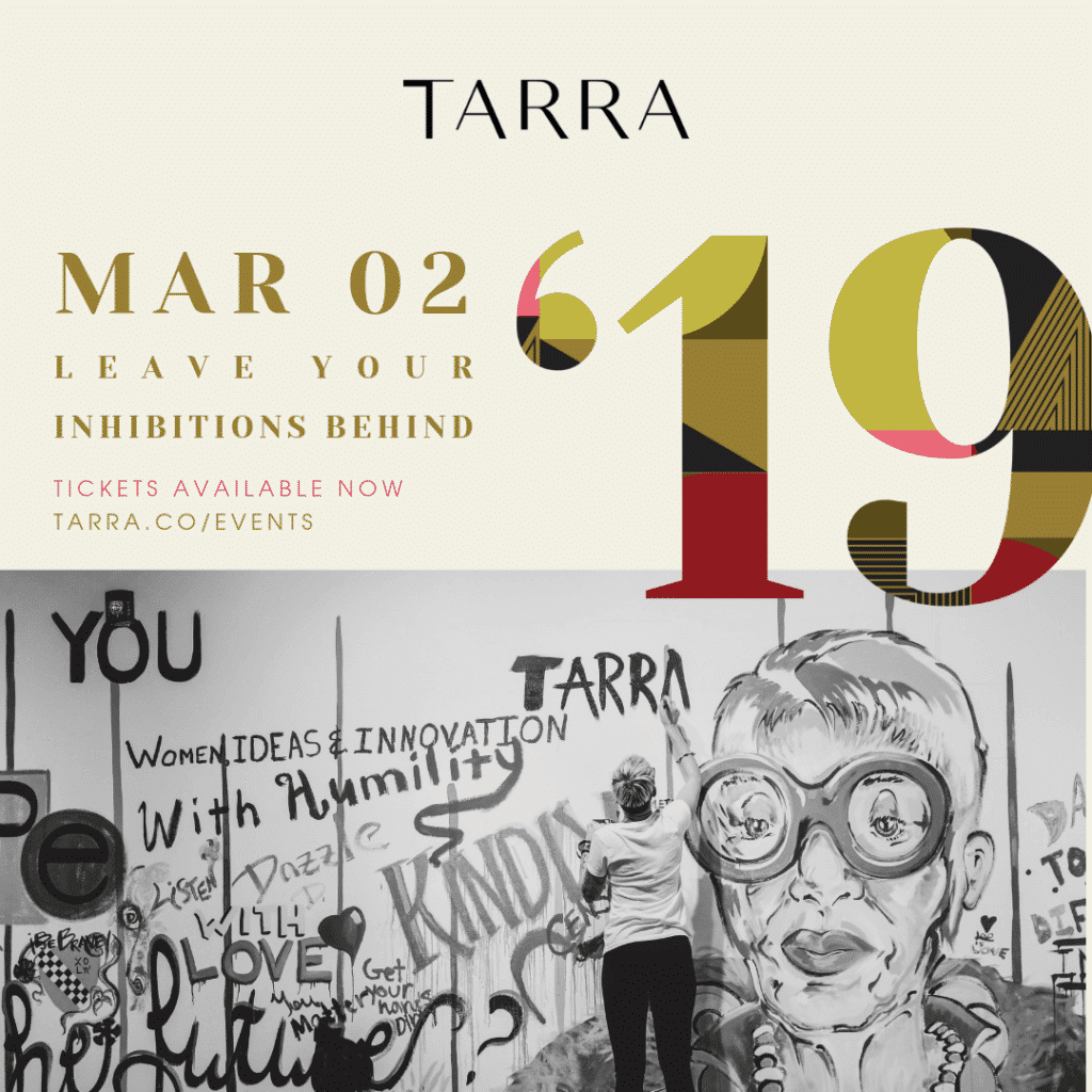 event poster for TARRA on March 02, '19 with a black and white mural of a woman in glasses