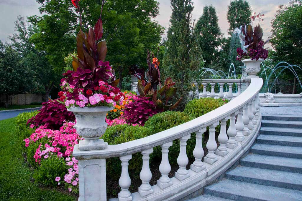 ornate curved gray stone stairway