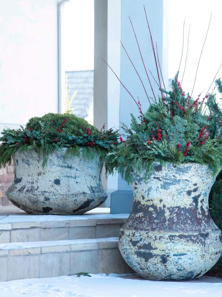evergreen and branch planter