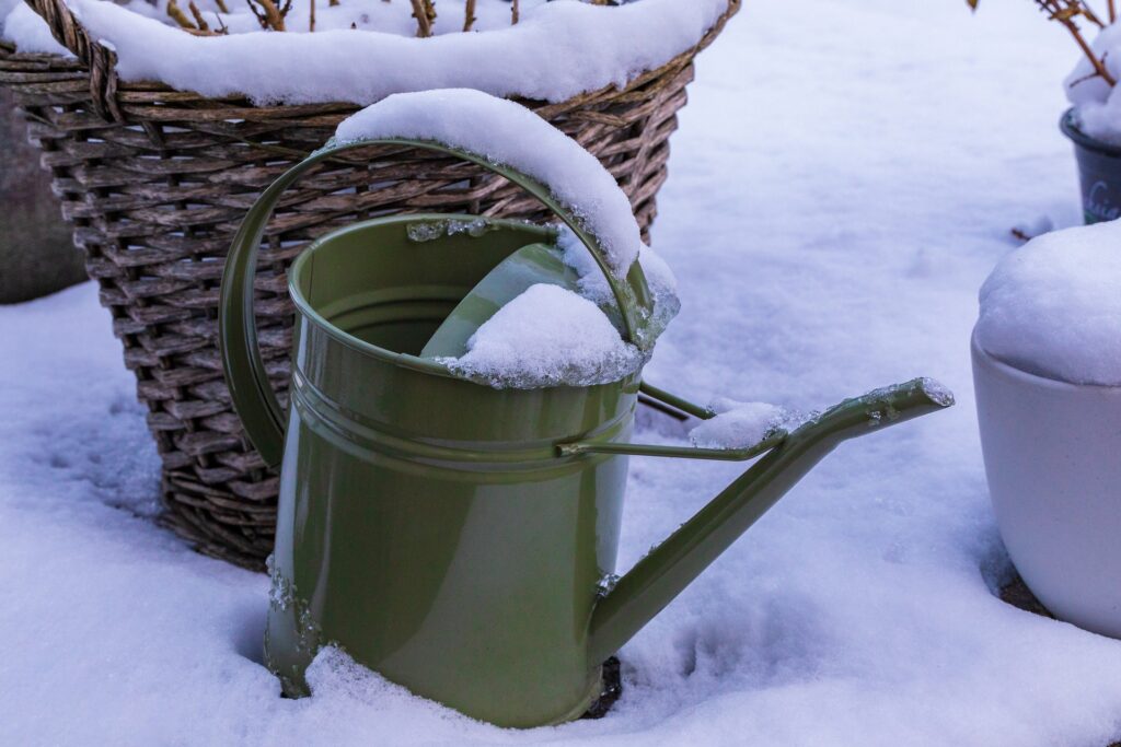 snow covers green metal watering can