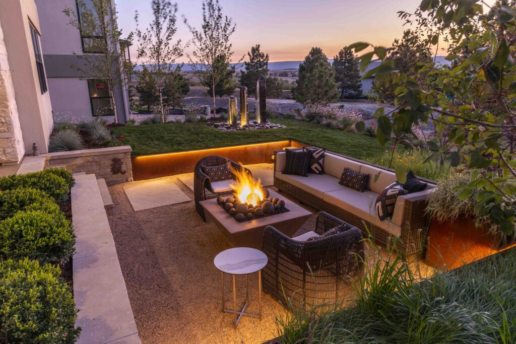 cozy fire pit glows at sunset