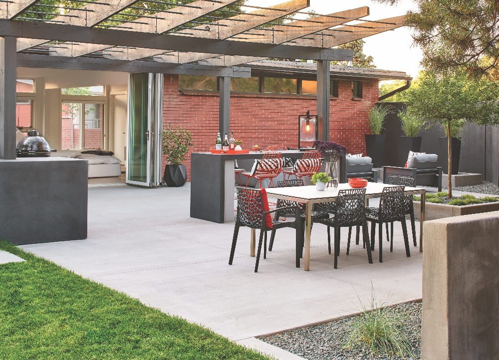 modern patio features chic dining area