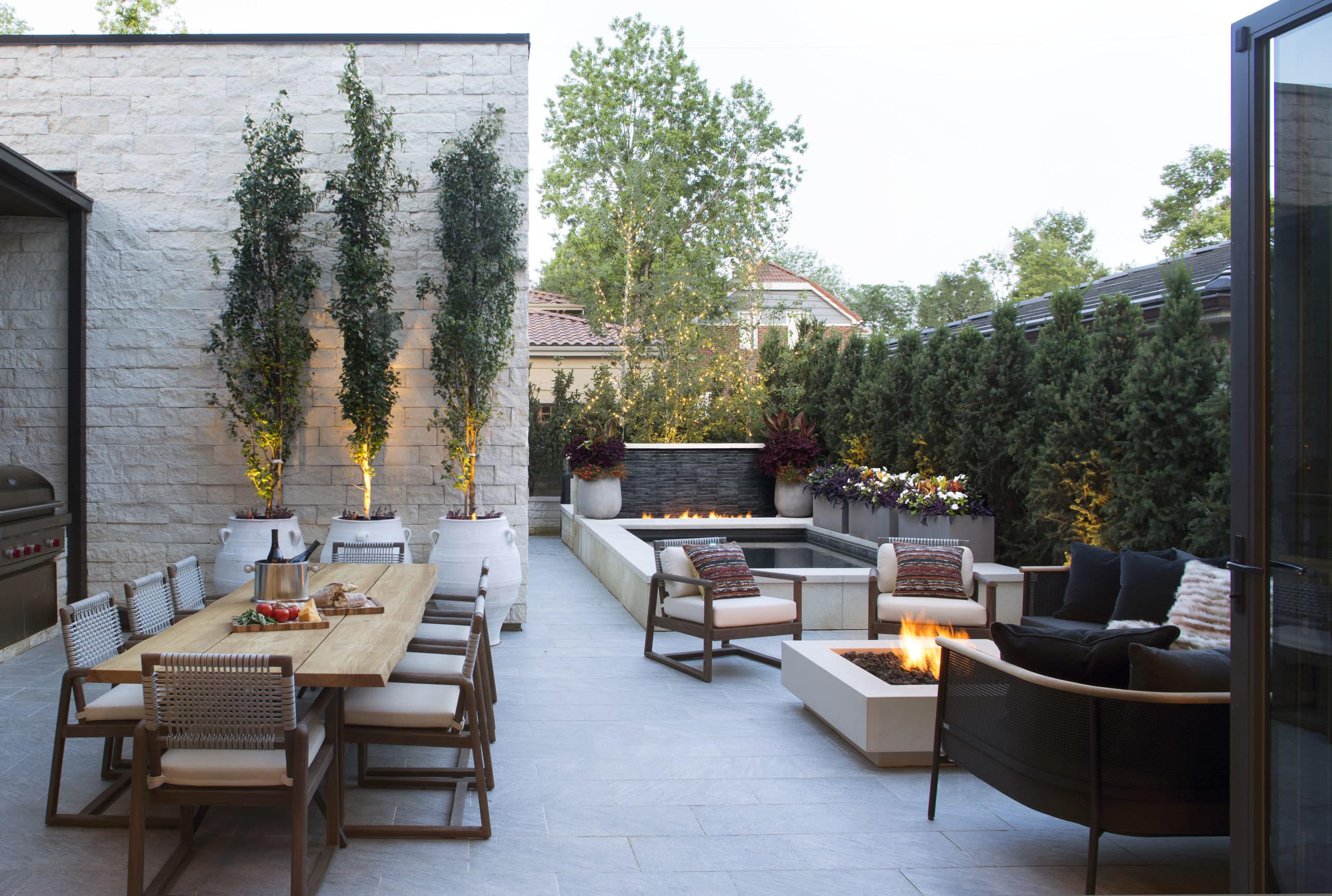 modern patio with a fireplace