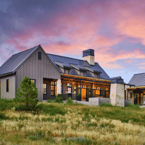 modern house sits at sunset