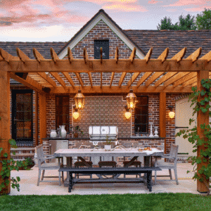 wooden pergola stands over patio