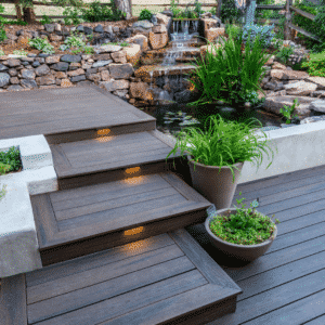 small waterfall flows into backyard pond