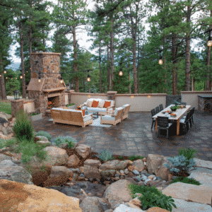 patio sits among tall trees