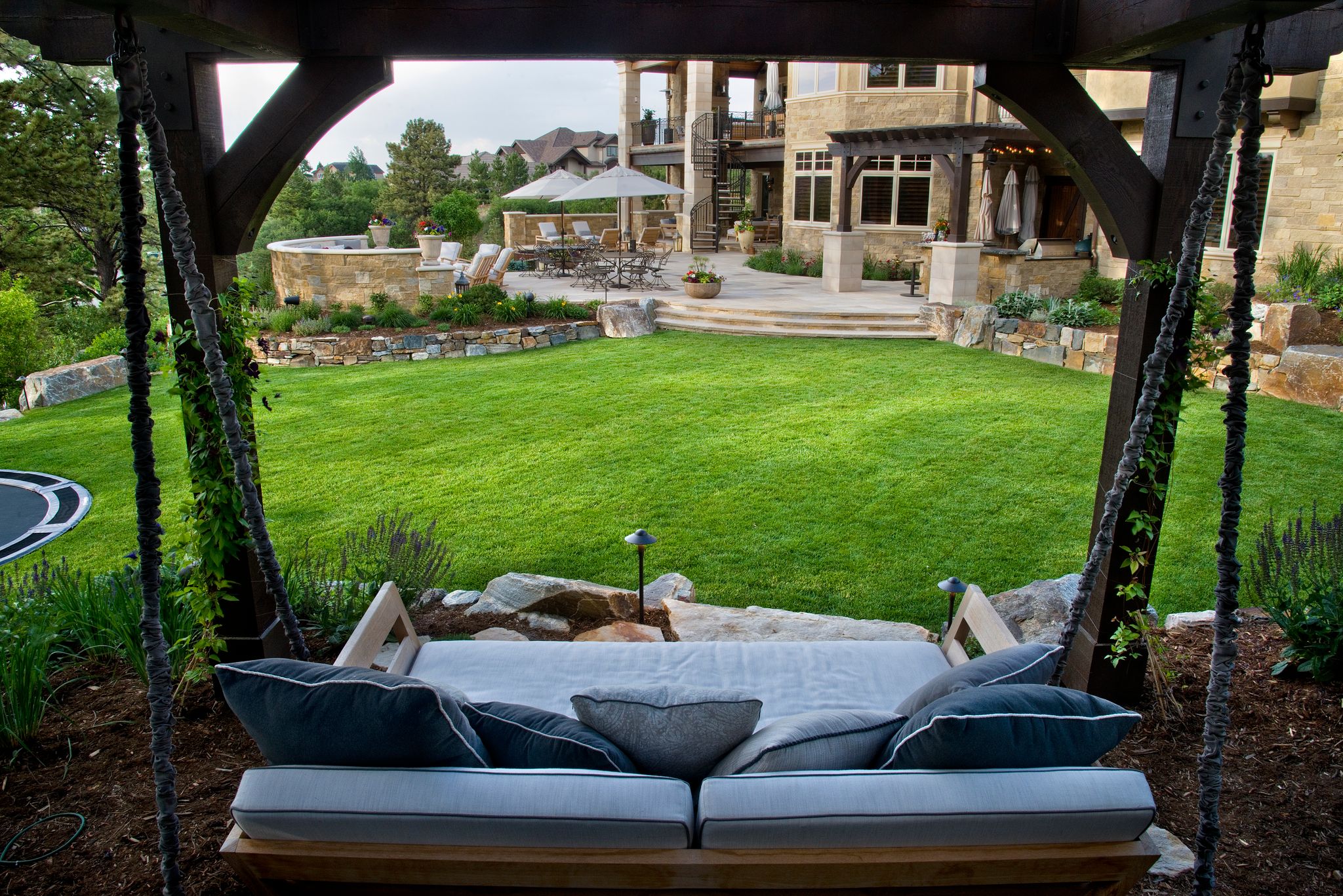 comfortable swing bed facing lawn