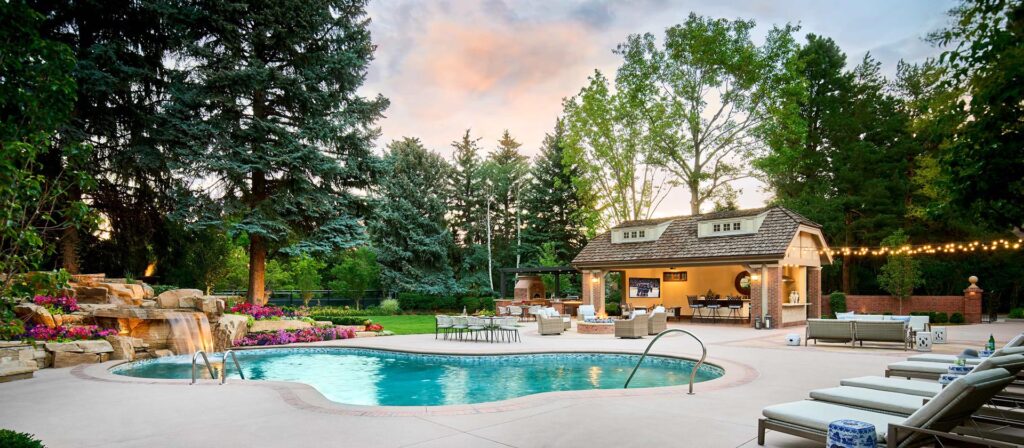 high end pool design with multi tiered waterfall co