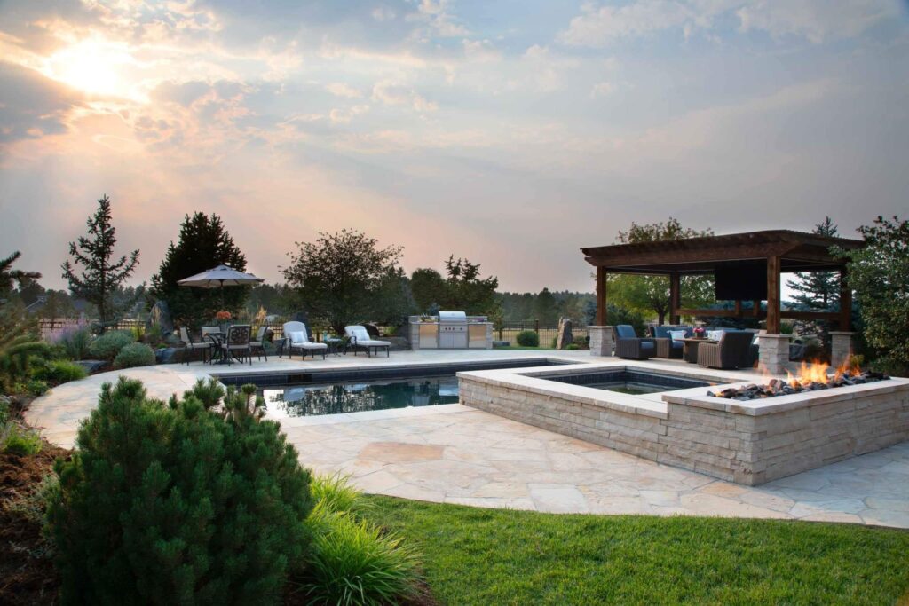 lush green planting design around modern swimming pool