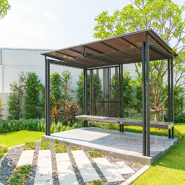 Call to Action Image (2) Modern outdoor pergola with built-in bench seating and landscaped garden path