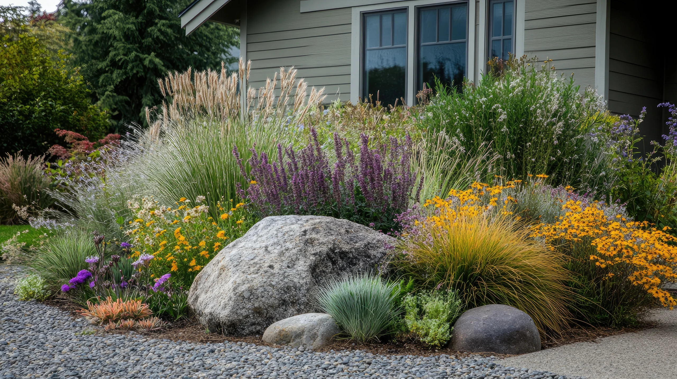 Front yard garden with native grasses, flowering perennials, and a small boulder arrangement, naturalistic style,