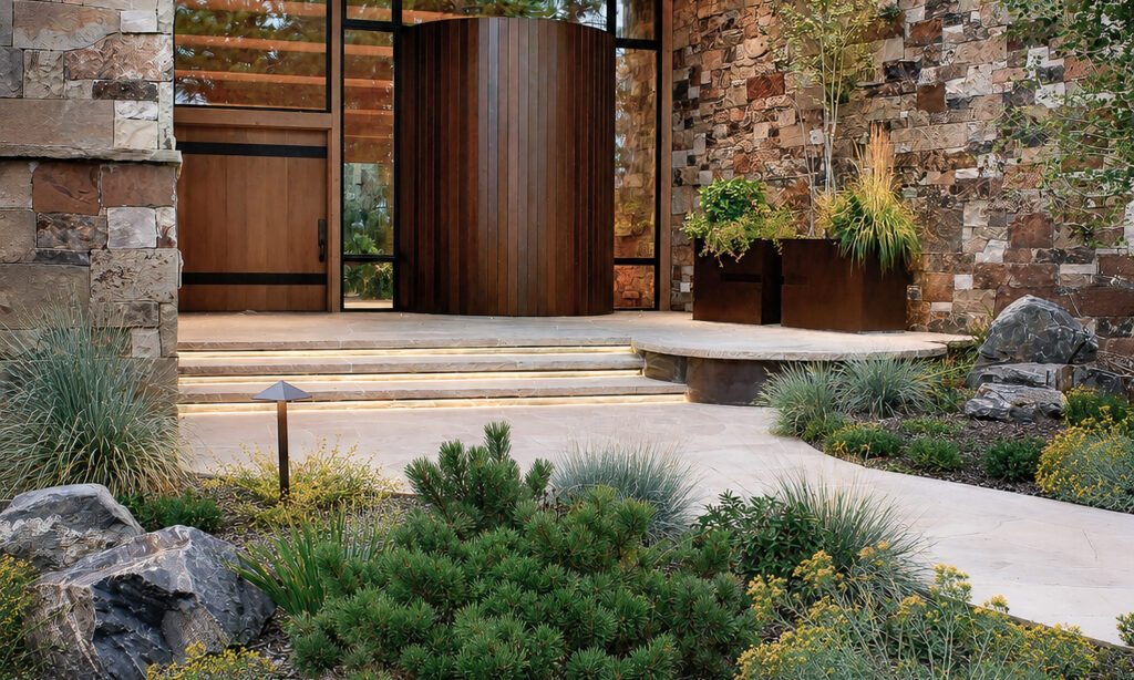 Stone home entryway with curved wood door, illuminated steps, and drought-tolerant plantings along the walkway